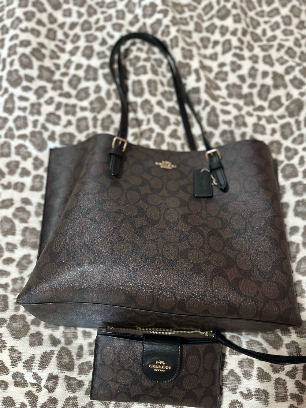 Coach Dark Brown Signature Tote with Black Straps and Matching Wallet
